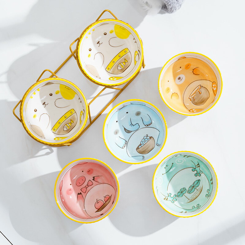 貓碗陶瓷 貓食盆貓咪 喝水碗喂食一體 貓貓吃飯碗 雙碗防打翻 寵物用品【倪醬小鋪】