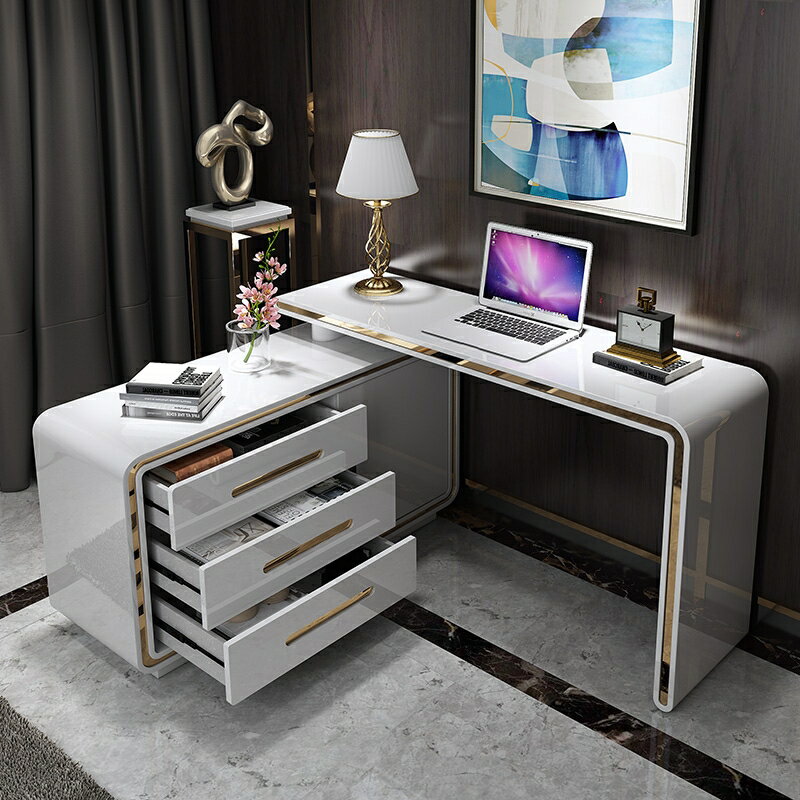 轉角臺式辦公電腦桌家用簡約臥室書桌書櫃書架一體組合輕奢現代