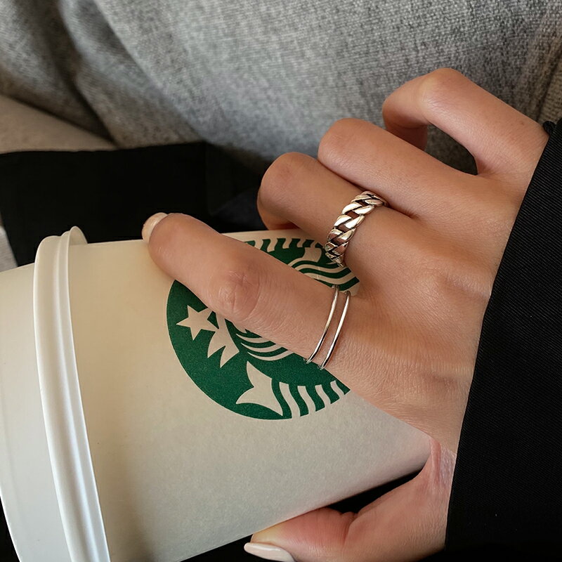 925純銀雙層戒指女ins潮時尚個性食指戒開口可調節組合麻花關節戒 2