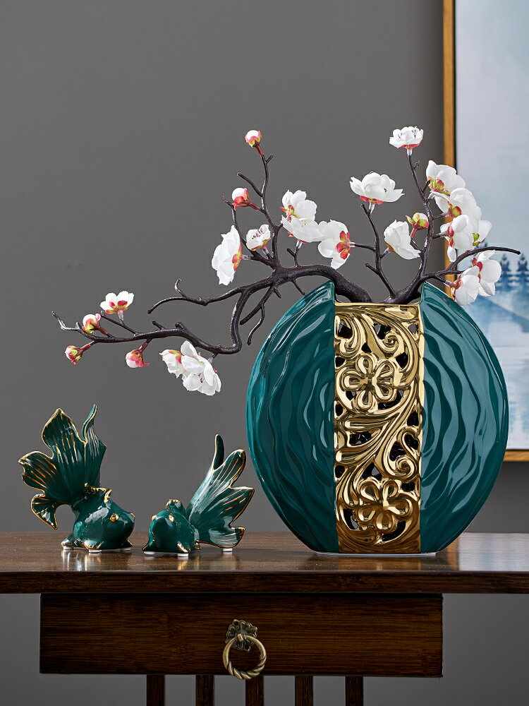 新中式陶瓷花瓶鏤空仿真花插花客廳玄關酒柜辦公室創意裝飾品擺件
