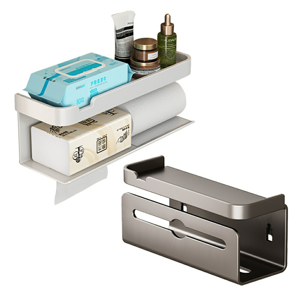 多功能紙巾置物架 浴室置物架 免打孔 無痕貼 壁掛 衛生紙盒收納 雙抽紙巾手機架 捲紙巾架 雙層紙巾架【花屋】 1