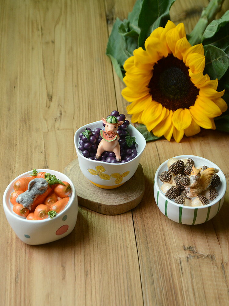 創意可愛小動物擺件仿真陶瓷碗假水果模型餐廳廚房家居裝飾品送禮