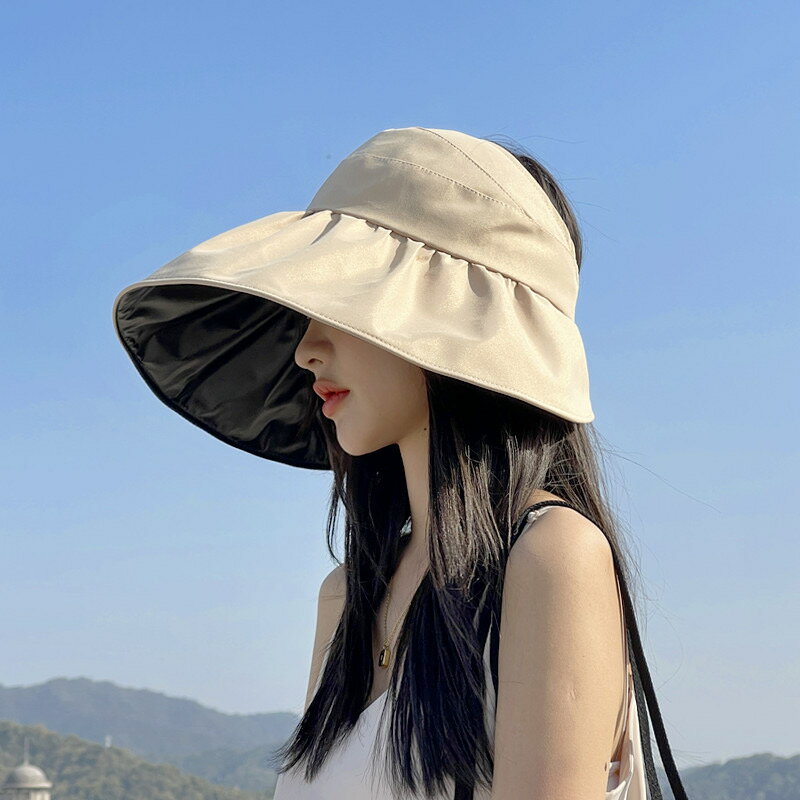 【免運】太陽防曬帽女夏季全臉大檐輕薄黑膠空頂紫外線遮陽帽子