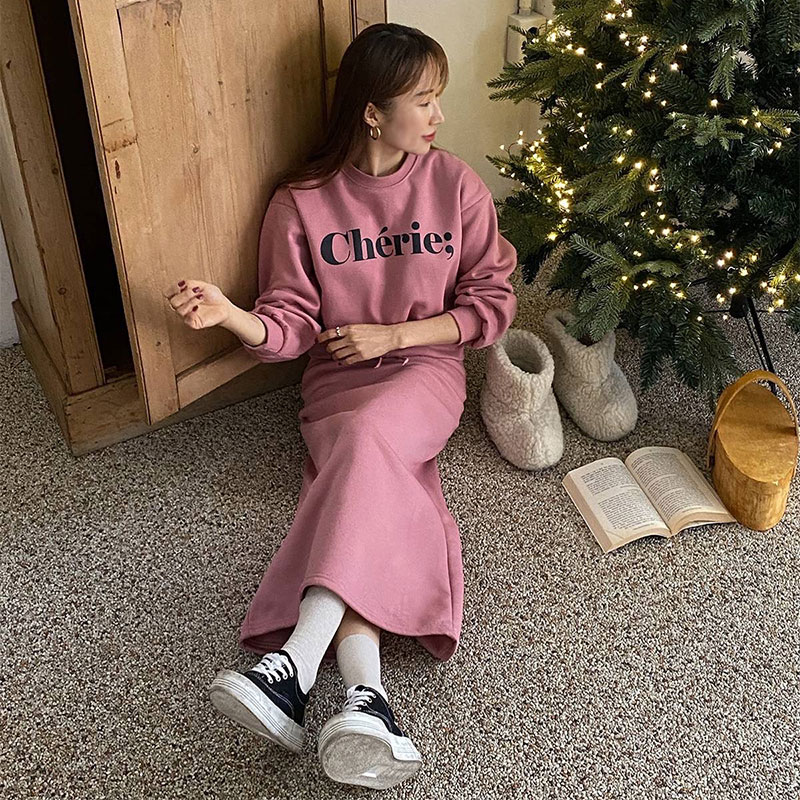 ANNAS 正韓字母刷毛長裙套裝 加絨棉質長袖上衣 刷毛長裙 韓國休閒套裝 4