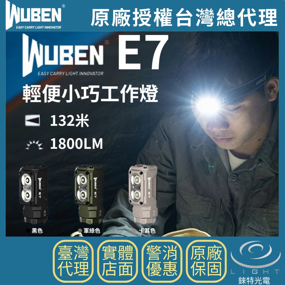 【錸特光電】WUBEN E7 1800流明 132米 輕便小巧工作燈 泛光 尾部磁吸 手勢感應 快拆 頭燈 TYPE-C