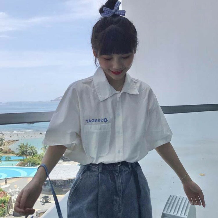 日系襯衫女學生夏季新款復古字母刺繡JK上衣學院風寬松短袖白襯衣