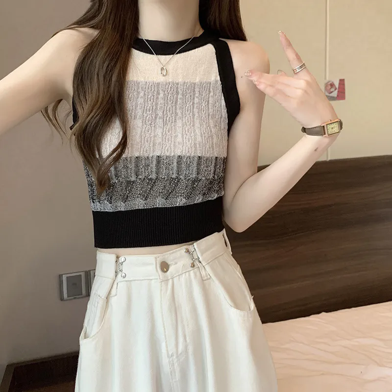 女士背心 小可愛 復古條紋針織吊帶 女夏季設計感背心 撞色修身無袖背心 辣妹短款上衣 女生背心【不二雜貨】