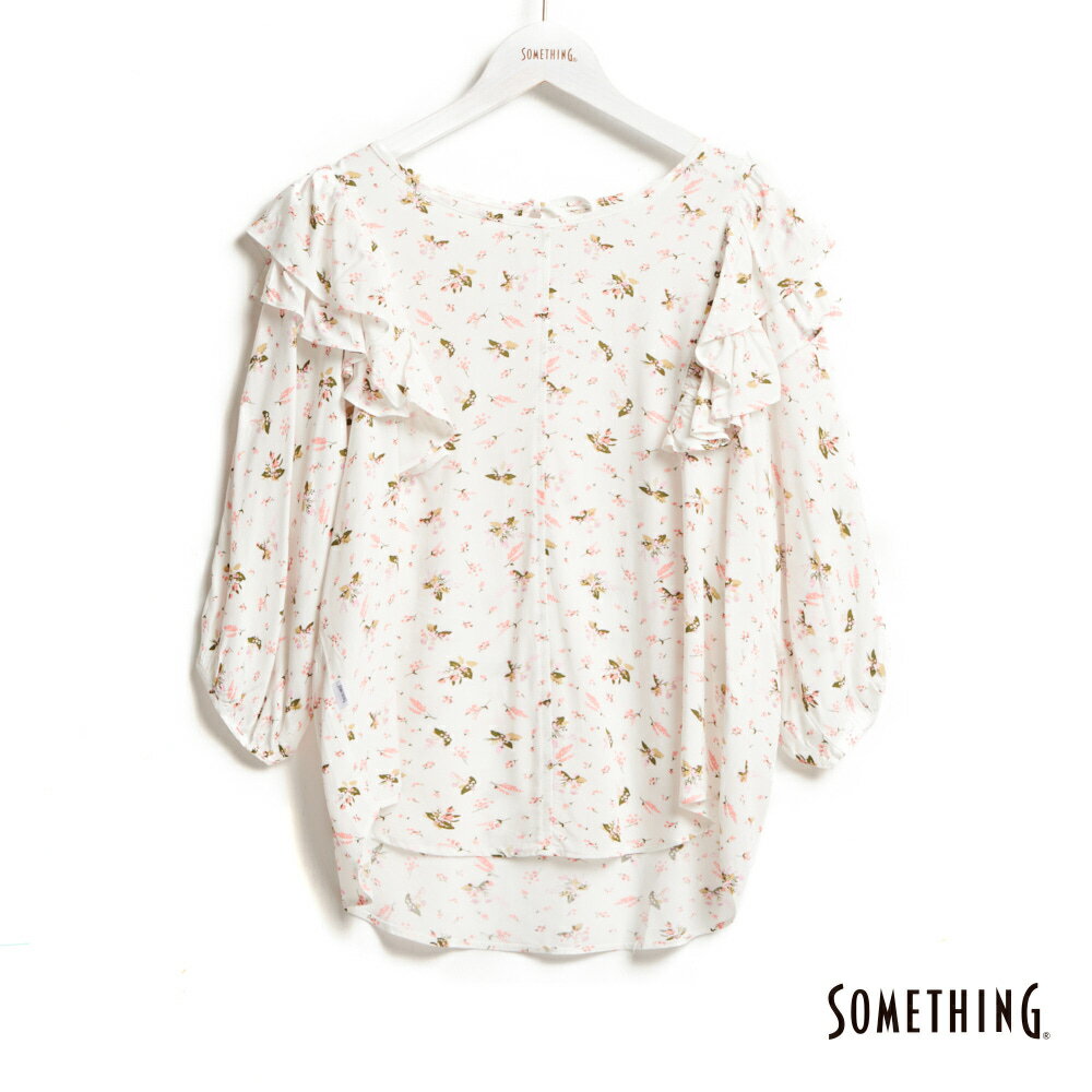 SOMETHING 女款 雙層荷葉碎花短袖上衣 (米白色)