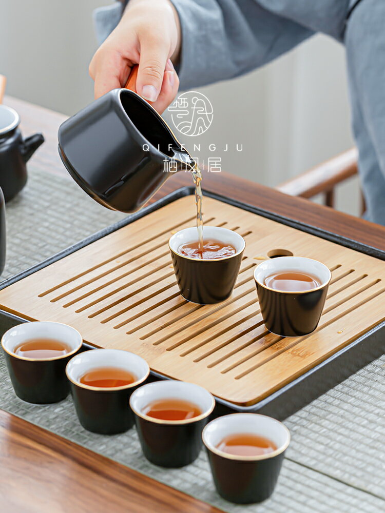 棲鳳居黑陶側把壺套裝儲水干泡茶盤日式家用簡約小套陶瓷功夫茶具
