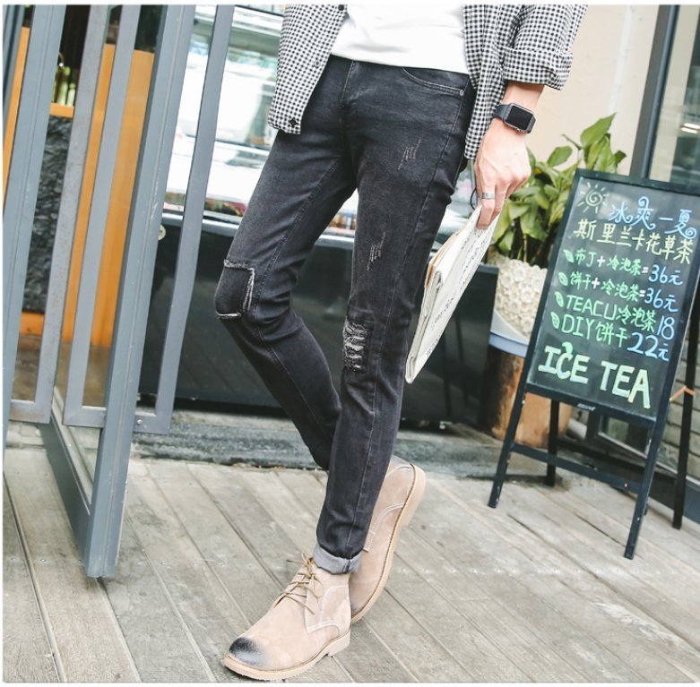 FINDSENSE品牌 韓國 潮品 新款個性 貼布破洞 小腳 牛仔褲 補丁褲