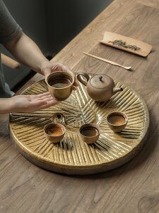 圓形茶盤排水式粗陶柴燒石磨茶盤干泡臺新中式家用復古家用小茶臺
