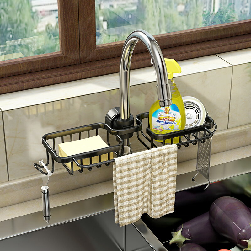 廚房水龍頭洗碗洗菜池水槽架置物架瀝水籃海綿刷百潔布抹布收納架