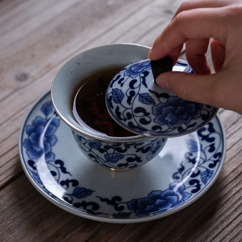 蓋碗茶杯泡茶大號三才茶碗單個功夫茶具手抓壺陶瓷家用青花瓷復古