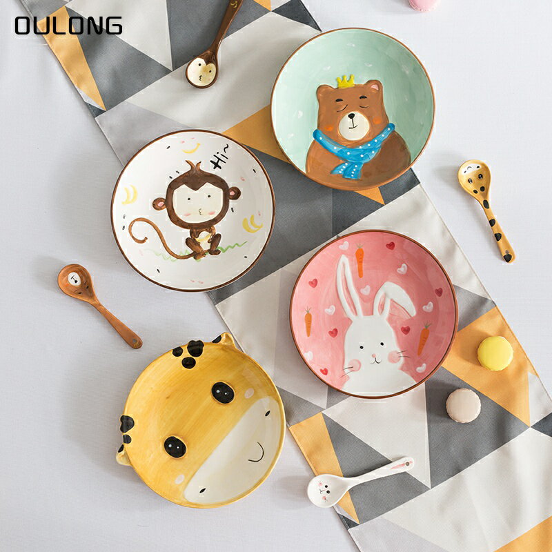 兒童創意餐具家用可愛卡通動物盤子碗碟套裝兔子寶寶吃飯碗分格盤
