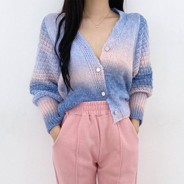 ANNAS 正韓 珍珠釦 渲染 外套 漸層 彩虹 扎染 暈染 麻花 毛衣 針織外套 粗針織 夢幻 女神 韓國 3