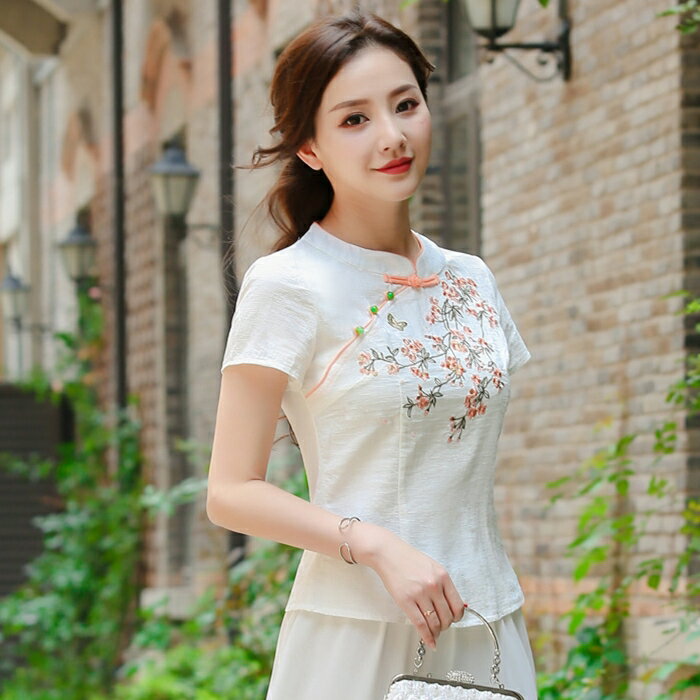 夏季新款中國風文藝復古修身短袖立領繡花上衣中國風T恤顯瘦1入