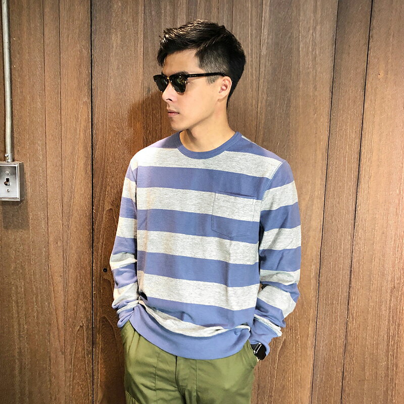 美國百分百【全新真品】J-Crew 長袖T恤 JC 上衣 T-shirt 純棉 質感 藍灰條紋 男 M號 AM58