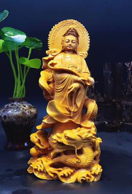 小葉黃楊木御龍觀音 半手工雕刻木雕擺件佛教用品祈福工藝品1入
