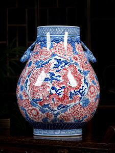 景德鎮陶瓷器仿古手繪青花瓷釉里紅龍紋雙耳瓷瓶福筒花瓶大口擺件