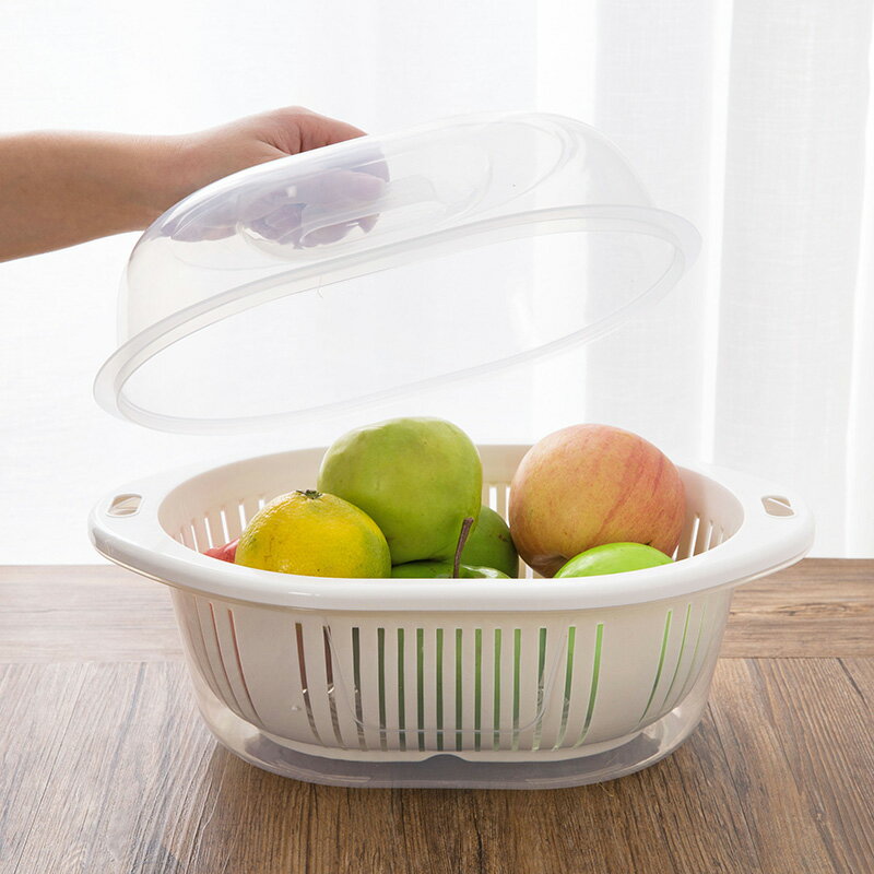 日式創意廚房雙層洗菜盆瀝水籃塑料大號帶蓋菜籃子家用客廳水果盤