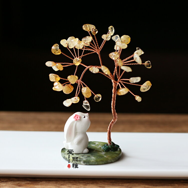 天然水晶粉晶黃水晶生肖發財樹可愛卡通兔子擺件桌面擺飾禮物