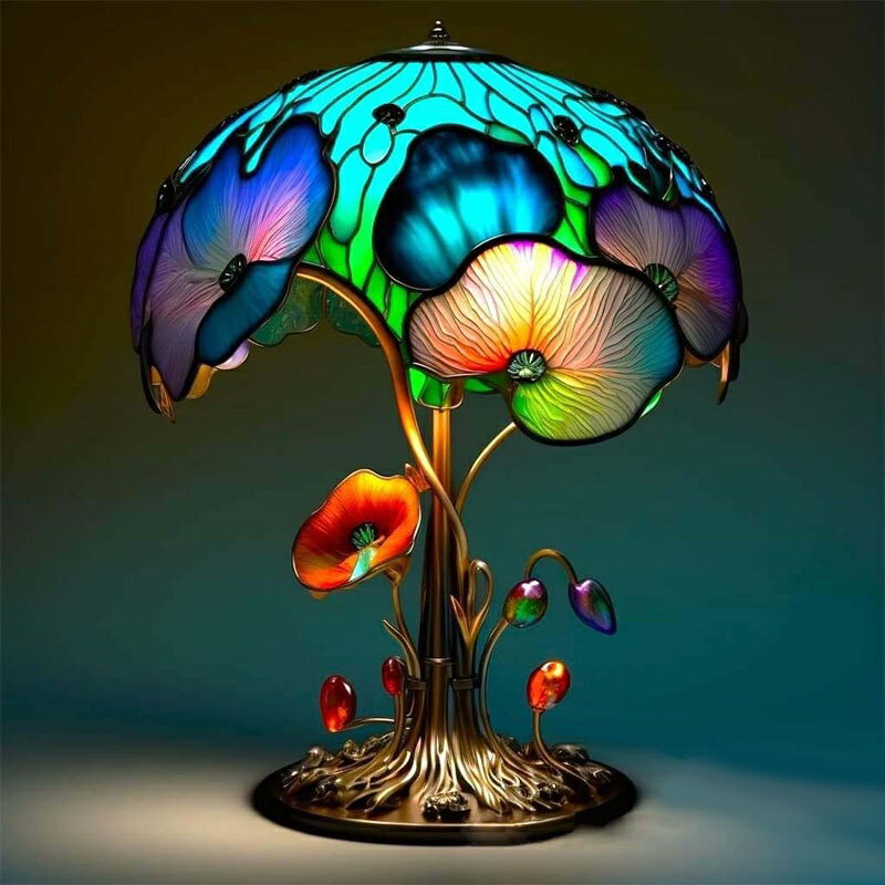 創意彩繪植物系列檯燈樹脂七彩臥室床頭花蘑菇復古檯燈氛圍燈