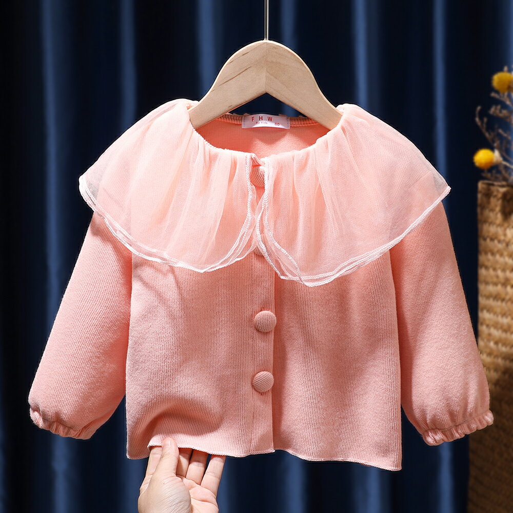 女童春秋新款女童2021年韓版花邊長袖外套女寶寶時髦洋氣翻領開衫