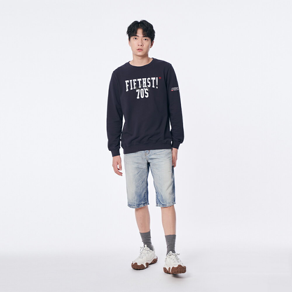 男美式印花圓領長袖T恤-丈青【5th STREET】【APP下單享4%點數】 ★樂天獨家 1