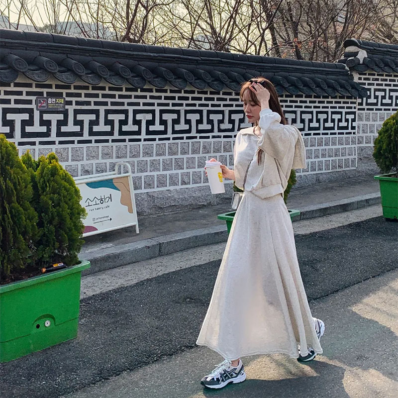 ANNAS 正韓海軍領套裝 棉質長袖長裙 大翻領 海軍領 學院風 顯瘦素面裙子 2