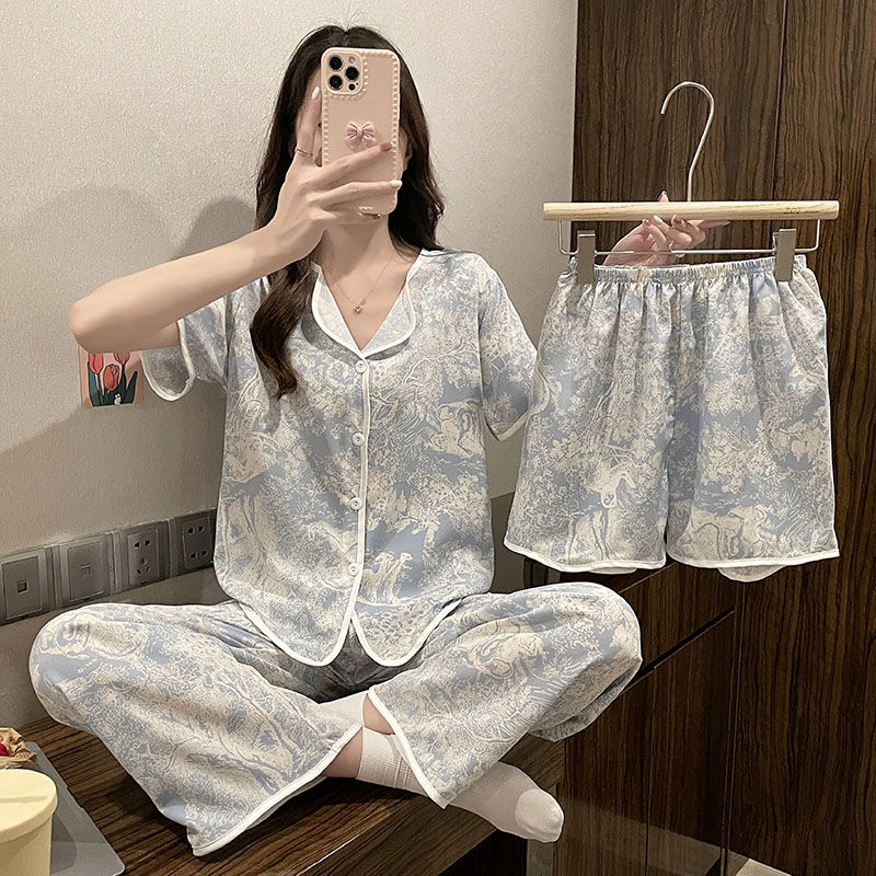 三件套冰絲睡衣女夏季短袖開衫長褲短褲加肥加大高級感家居服套裝