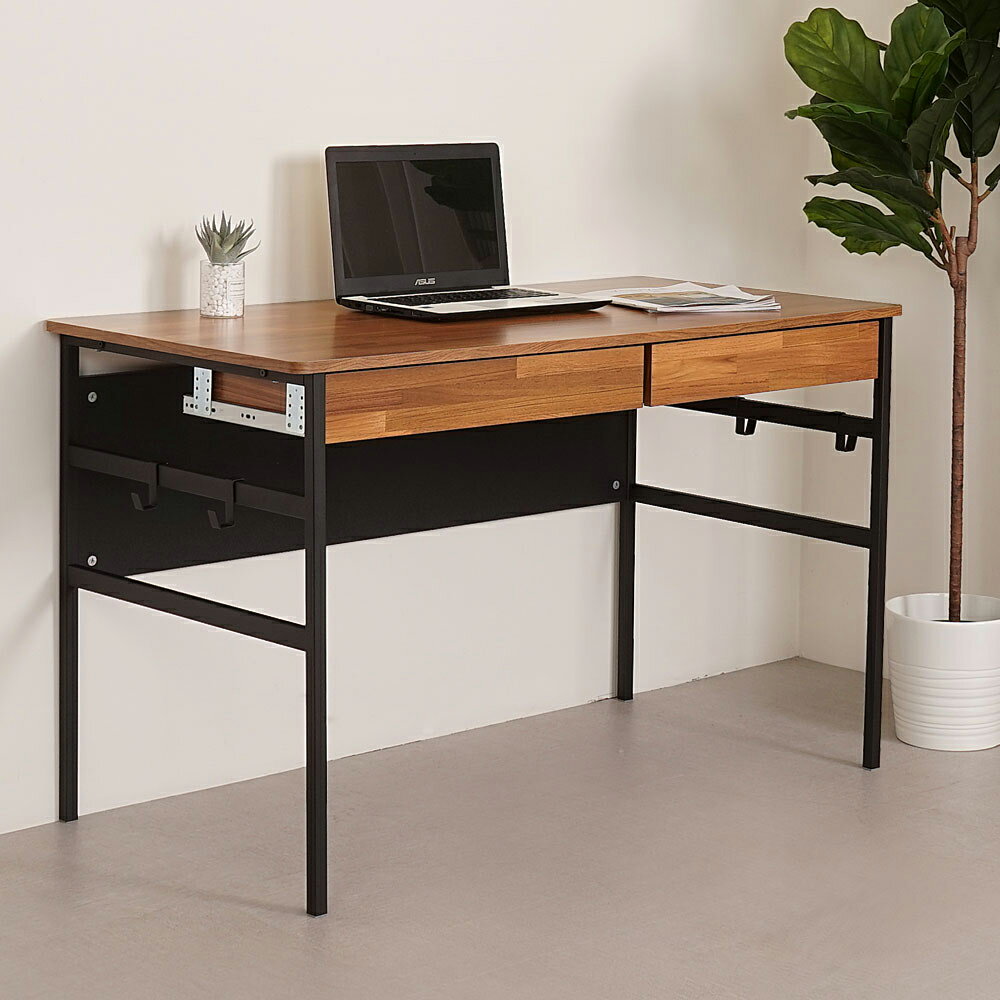 瑞比120cm附掛勾書桌(附抽屜x2)-柚木色❘辦公桌/書桌/電腦桌/工作桌/會議桌【YoStyle】