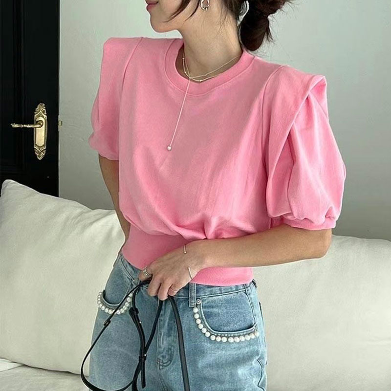 ANNAS 正韓墊肩造型短袖上衣 棉質短T 百搭素面顯瘦縮腰 韓國短袖T恤 6