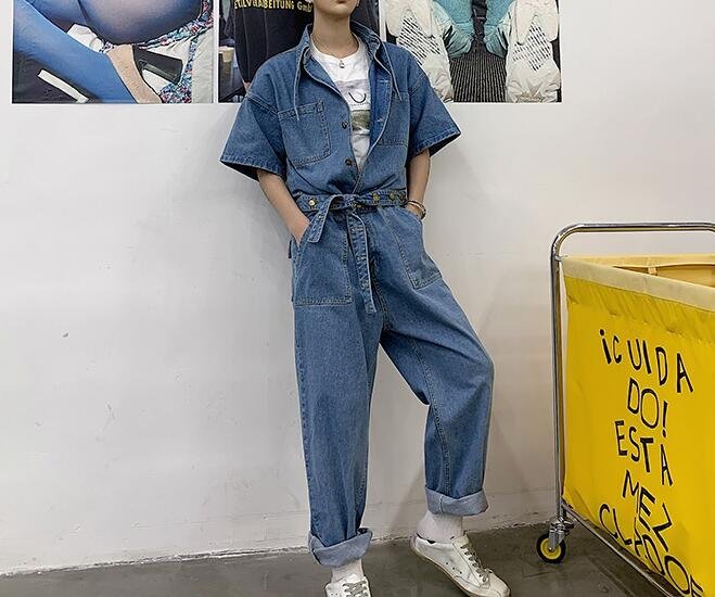 FINDSENSE品牌 韓國 2019 春季 新款 工裝連體褲 寬鬆 潮流 連體套裝 復古 紙片人 牛仔 時尚