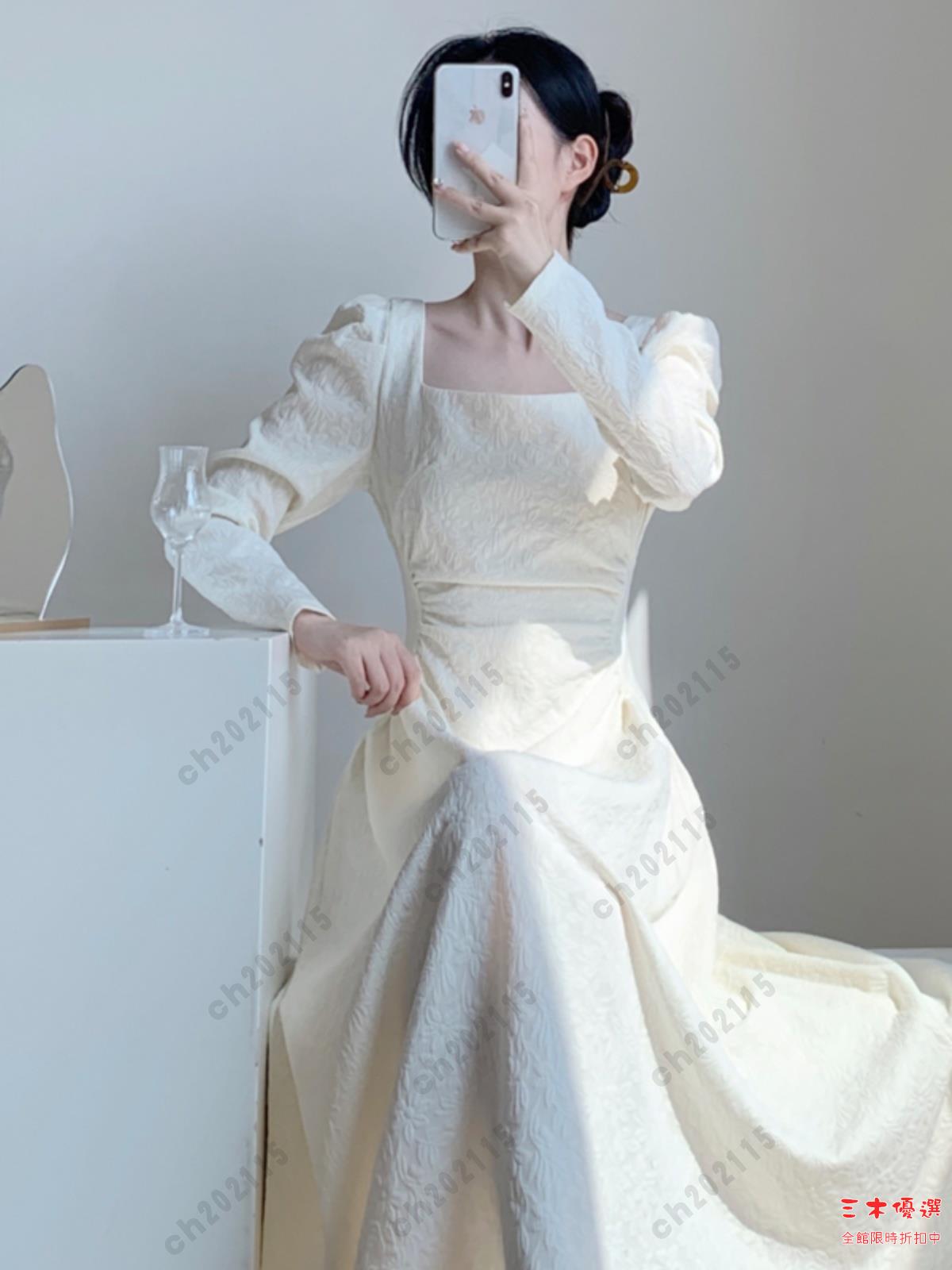 尾牙禮服 洋裝 新中式國風白色長袖連衣裙女秋冬改良旗袍日常回門訂婚伴娘服長裙交換禮物 三木優選