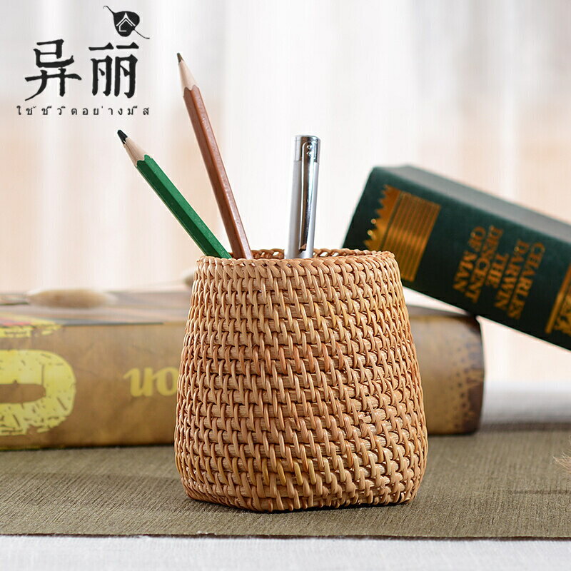 異麗越南藤編創意日系北歐風格辦公室書房收納化妝筆筒茶道小擺件