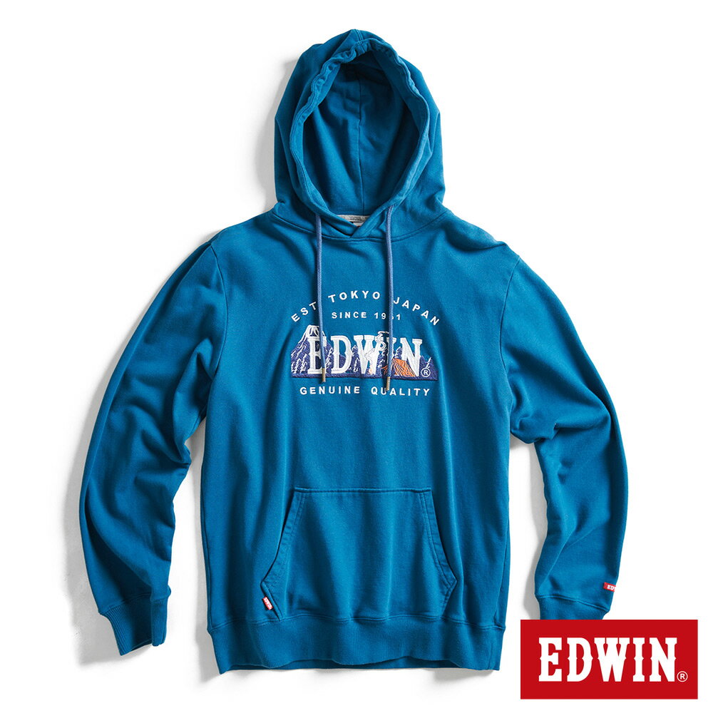 EDWIN 露營系列 富士山刺繡LOGO連帽長袖T恤-男款 土耳其藍