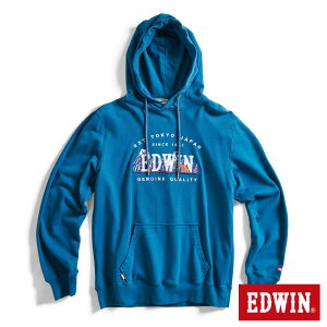 EDWIN 露營系列 富士山刺繡LOGO連帽長袖T恤-男款 土耳其藍 #換季折扣