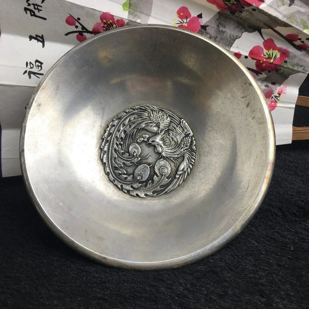 古玩雜項收藏白銅鍍銀龍鳳碗復古龍鳳碗仿銀擺件底宣