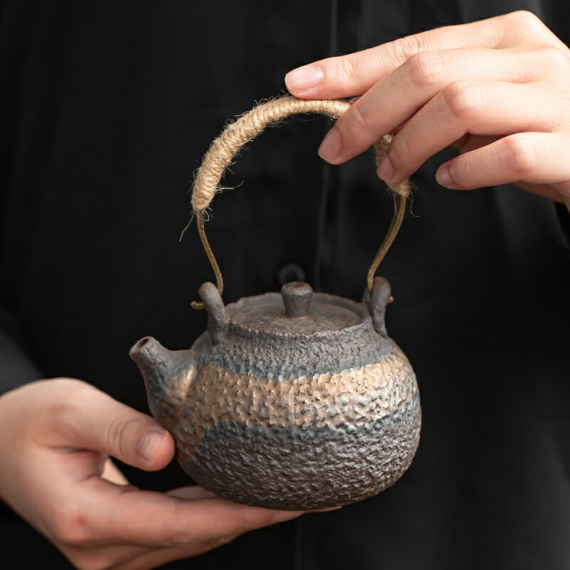 日式提梁壺陶瓷功夫茶壺手工原礦復古錘紋粗陶茶具西施小茶壺單壺