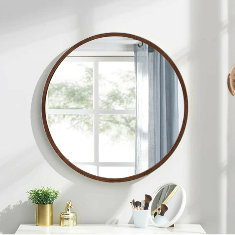 實木框浴室臥室圓形牆壁掛鏡