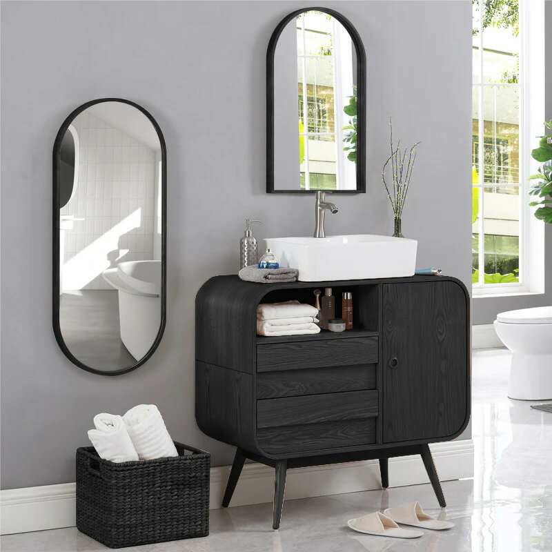 實木框 橢圓型浴室牆壁掛鏡 橢圓款/拱形款
