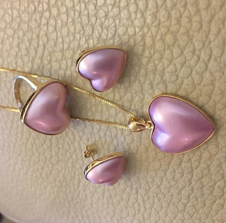 18K包邊馬貝珍珠吊墜馬貝珍珠耳釘馬貝珍珠戒指天然粉色心形 2