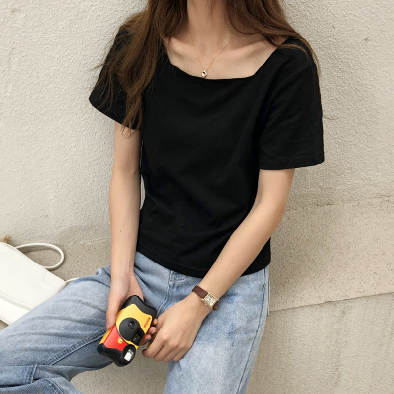 夏季新款chic韓版方領套頭短袖t恤女學生百搭打底衫黑色上衣1入