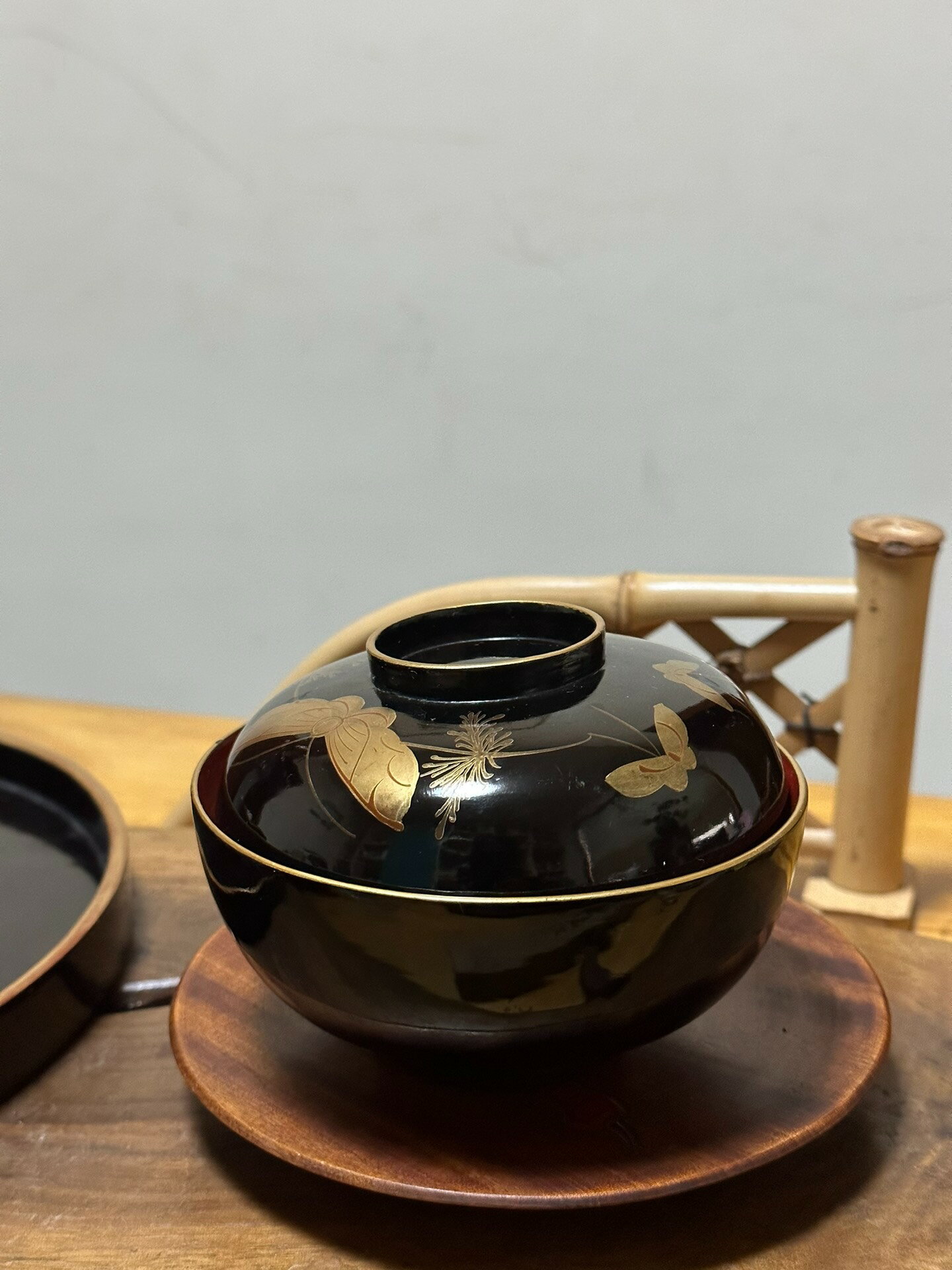 日本中古回流明治時期何崎龍作實木大漆高肉重金蒔繪蝴蝶蓋碗湯碗