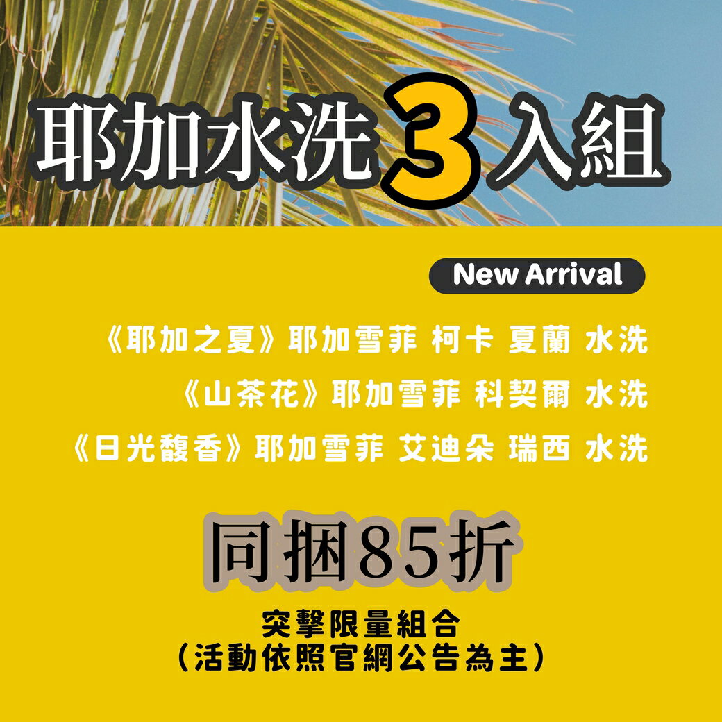 八五折【盛夏限定・耶加雪菲三入組】 耶加雪菲之夏 水洗＋耶加雪菲 山茶花 水洗＋耶加雪菲 日光馥香 水洗   ﹙各半磅裝，共三包﹚