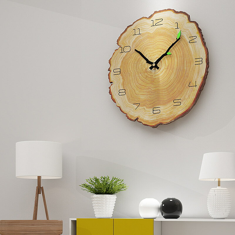 北歐掛鐘現代簡約家居年輪鐘木質掛鐘創意客廳靜音時鐘木紋掛表
