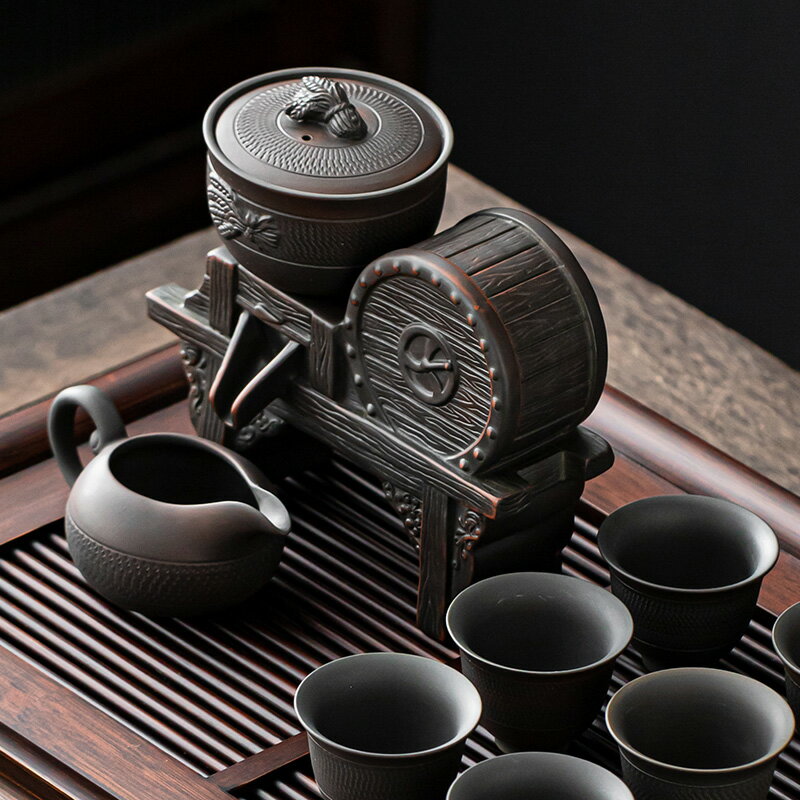 紫陶懶人沖茶器復古半全自動茶具套裝家用中式旋轉泡茶壺功夫茶杯