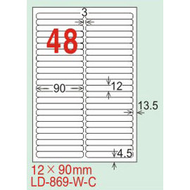 【龍德】LD-869(圓角-可再貼) 雷射、噴墨、影印三用電腦標籤 12x90mm 20大張/包