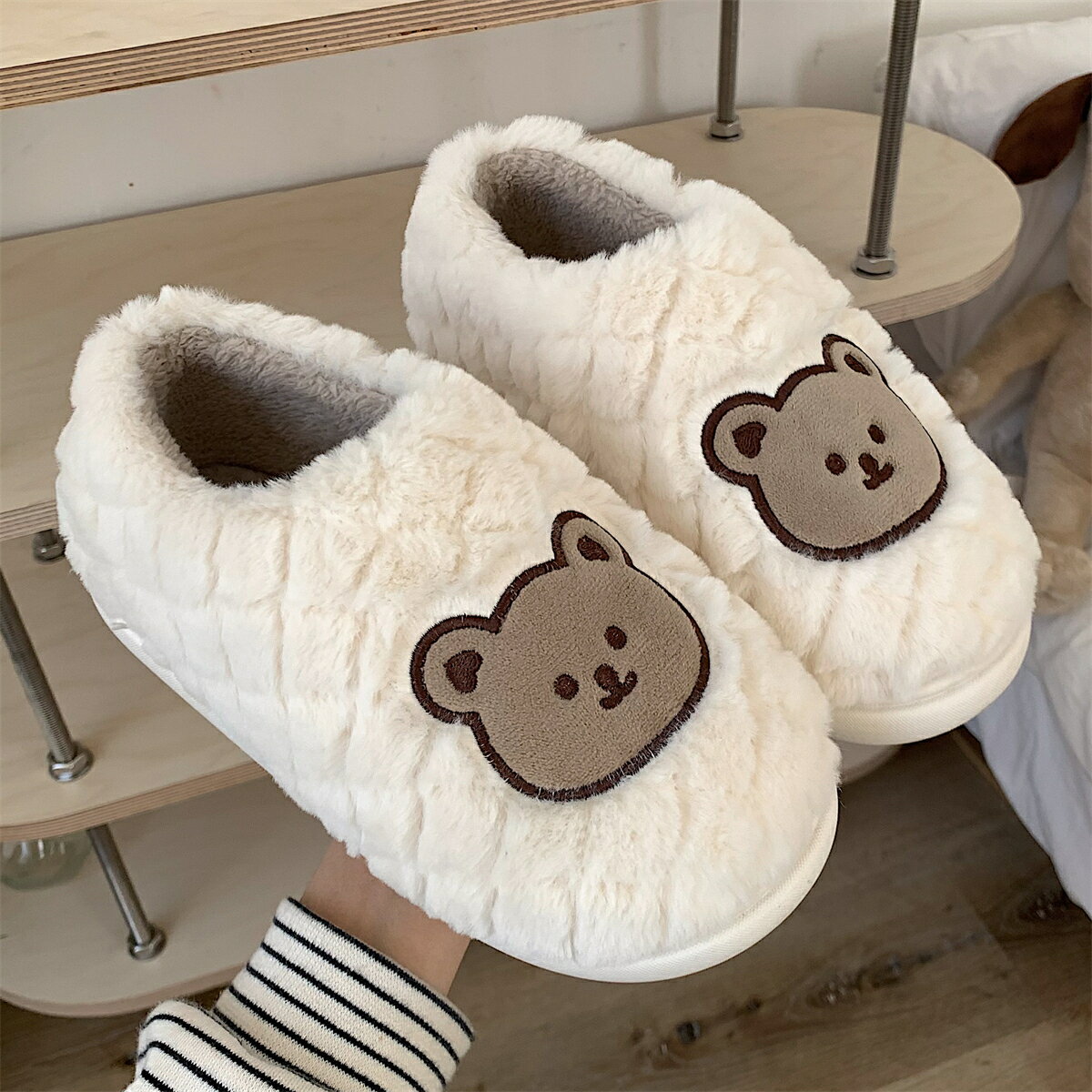 可愛毛絨小熊棉拖鞋冬季女生室內少女心防滑保暖全包跟居家月子鞋