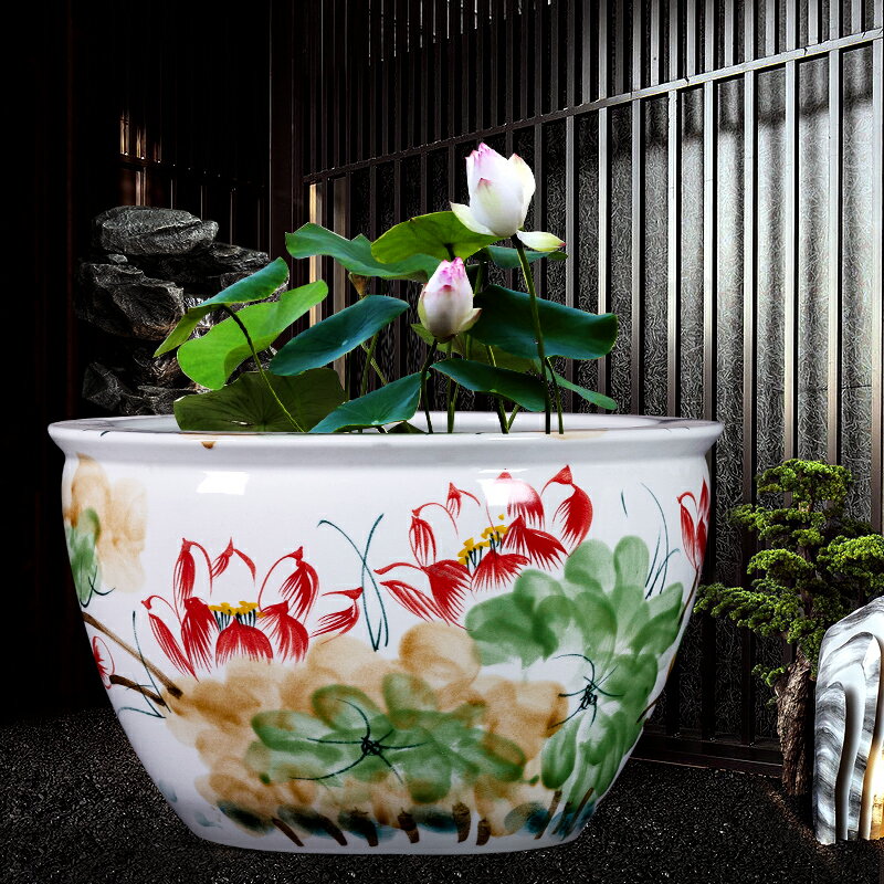 景德鎮陶瓷魚缸裝飾大號擺件手繪家用落地睡蓮碗蓮戶外庭院裝飾品